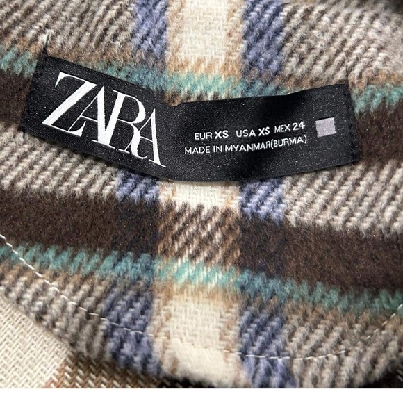 ZARA Oversized Plaid Flannel Shirt Jacket Women XS Green Brown Cream Button Up - Picture 6 of 8